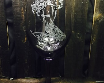 Classic mermaid stemmed wine glass - mermaid, wine glass, barware, ocean siren, siren of the sea, etched glassware, holiday, gift ideas