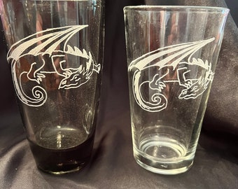 Sleeping dragon Pilsner glass-mystical dragon, dragon etched glass, custom etched glass, pint glass, fantasy, dragon gift resting dragon