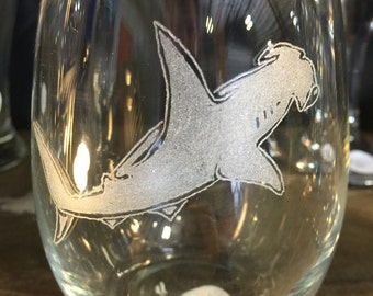 Hammerhead shark stemless glass- hammerhead, shark, custom glass etched stemless, wine glass, glass etched shark, engraved, carved glass