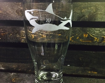 Shark etched pilsner or pint glass - shark, hand etched, pilsner, pint, beer, holiday, gift, for him, ocean life, fish, ocean predator,