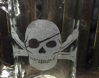 Skull and crossbones Beer Mugs - one eyed pirate, skull and crossbones, hand etched, beer mug, beer stein, gifts, for him, stein, mug