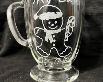 My cup of cheer coffee cup, mug, tea, cocoa, hot chocolate cup, gingerbread cup, holiday glass coffee cup, Christmas glass