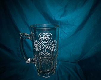Celtic Shamrock hand etched beer stein -  beer stein, beer mug, hand etched, etched glass, mug, holiday, gift