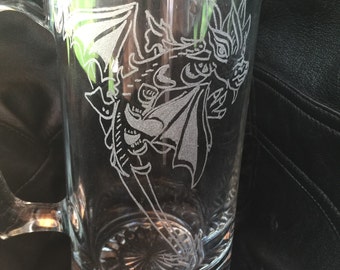 Dragon whelp beer stein - dragon, beer stein, barware, glassware, unique dragon, hand etched, etched glass, gift, holiday, baby dragon, mug