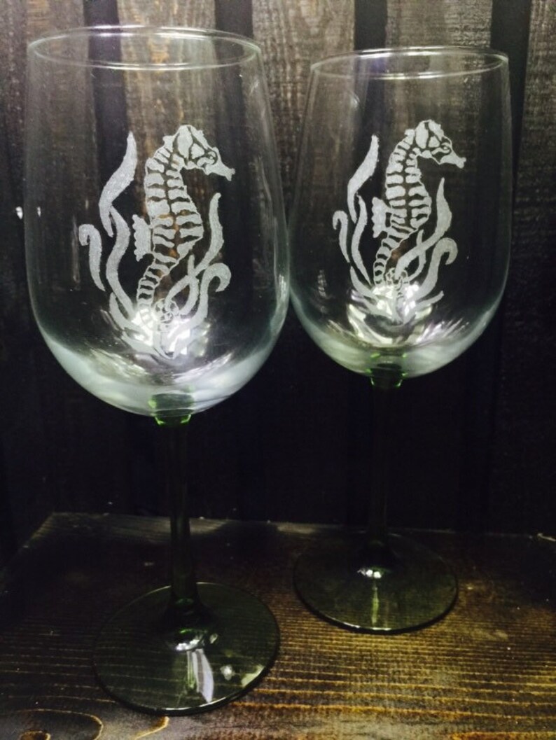 Seahorse hand etched wine glass Seahorse sealife horse Etsy