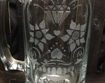 Sugar Skull hand etched beer stein - sugar skull, Day of the Dead, beer stein, beer mug, hand etched, etched glass, mug, holiday, gift