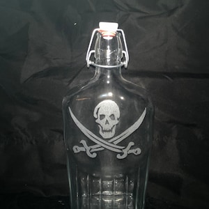 Jolly Roger Flask, jolly roger, flask, pirate, skull and swords, glassware, unique, hand etched, liquor bottle, decanter