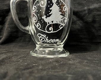 Holiday cheer coffee cup, mug, tea, cocoa, hot chocolate cup, deer and snow cup, holiday glass coffee cup, Christmas glass