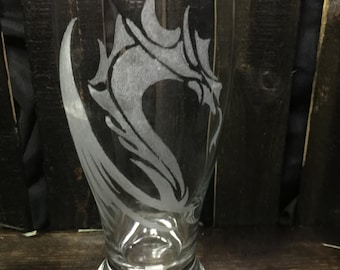 Nordic dragon pilsner glass-mystical dragon, dragon etched glass, custom etched glass, pint glass, dragon decor,dragon gift, custom beer mug