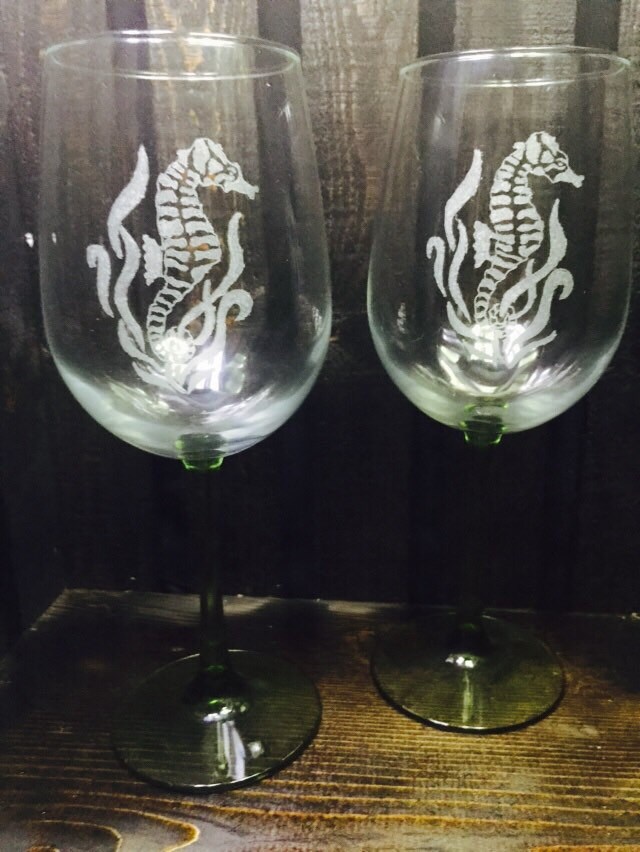 Seahorse hand etched wine glass Seahorse sealife horse Etsy