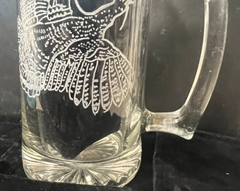 Flying Turkey Beer Mug - Turkey, beer mug, hand etched, unique, fathers day, for him, for her, heavy glass beer mug, Thanksgiving, fall