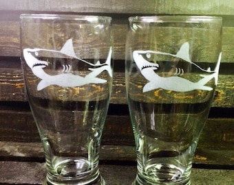 2 piece set Shark pilsner or pint glasses - shark, hand etched, pilsner, pint, beer, ocean life, fish, ocean predator, fathers day
