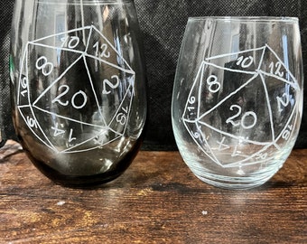 D20 - stemless wine glass, wine glasses, glass, 20 sided dice, gaming glass, unique design, glassware, for her, for him