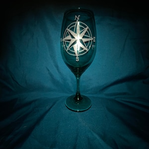 Rose compass hand etched stemmed wine glass - rose compass, compass, navigation, ocean, engraved, colored glass, glassware, home decor