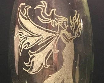 Fire Fairy stemless wine glass-custom glass etched fire fairy wine glass, etched wine glass, fairy wine glass, whimsical,