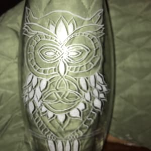 Celtic owl Oval Vase-owl hand etched, celtic design, vase, etched vase
