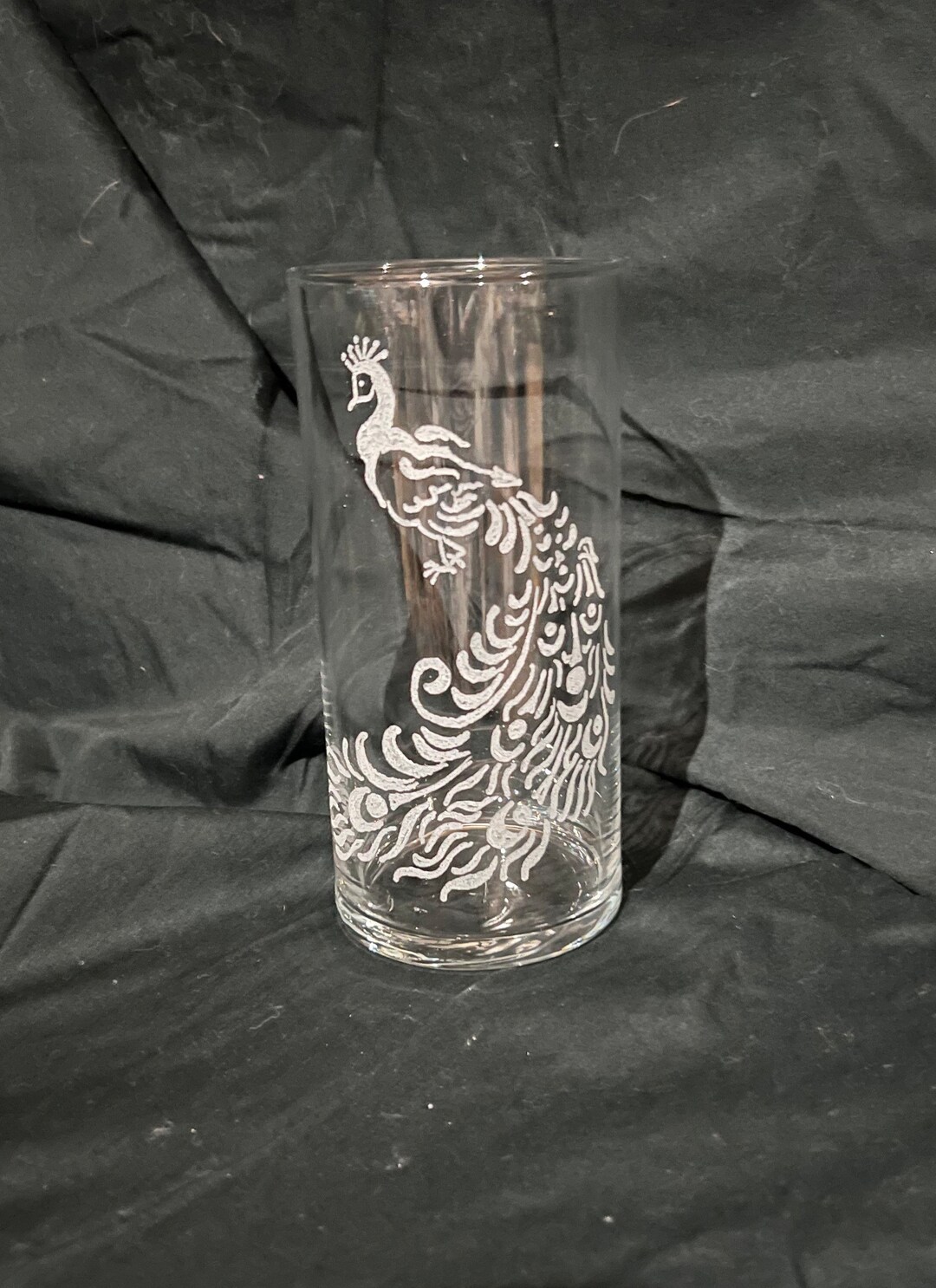 Peacock Cylinder Vase Custom Glass Etched Vase, Glass Etched Vase, Bird