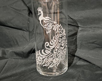 Peacock cylinder vase- custom glass etched vase, glass etched vase, bird vase,glass etching, circular vase, peacock design