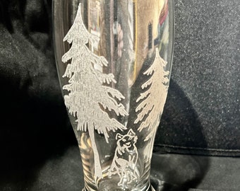 Wolf walking out of woods hand etched pint or pilsner glass - wolf, hand etched, pint glass, pilsner glass, gift, holiday, trees, woods