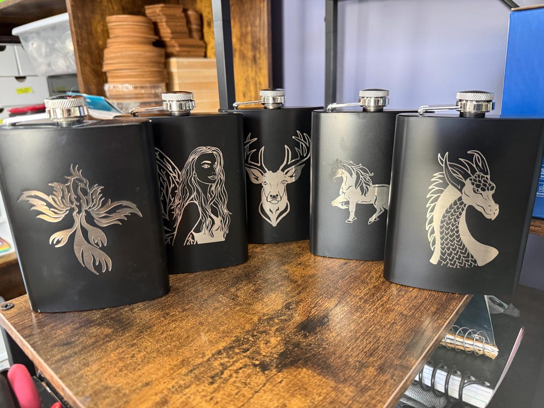 Engraved 8 Oz Metal Flask-fairy, Nordic Dragon, Dragonheart, Phoenix ...