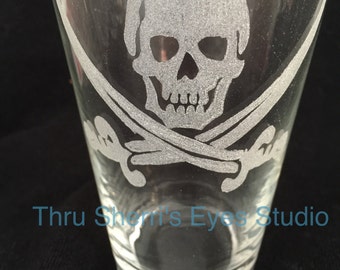 Pirate pilsner or pint glasses - pirate, hand etched, pilsner, pint, beer, ocean, halloween, jolly roger, gift idea, for him, for her.