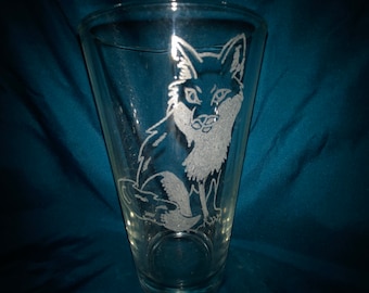 Sitting fox Pilsner glass - fox, pint glass, hand etched, beer glass, drink glass, etched glass, colored drink glass