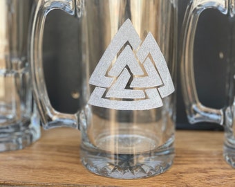 Valknut beer stein, hand etched custom, for him, for her, gift idea, old Norse, viking