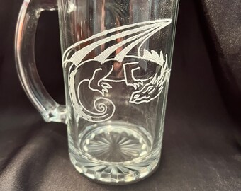 Sleeping dragon beer stein - dragon, resting dragon, beer stein, barware, unique dragon, hand etched, etched glass, gift, holiday, myth