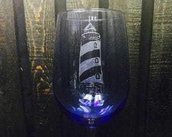Lighthouse on stemmed wine glass-lighthouse, beacon of sea, hand etched, etched glassware, nautical, barware, home decor, holiday