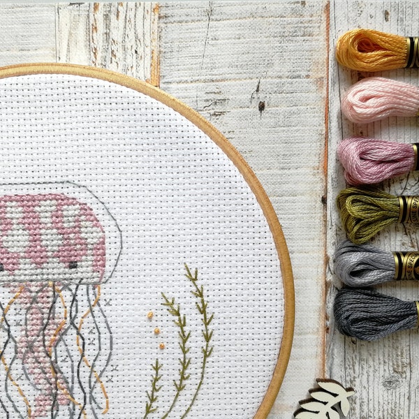 Cross stitch Jellyfish PDF pattern, embroidery pattern, modern cross stitch pattern, counted cross stitch design, embroidery hoop art, DIY