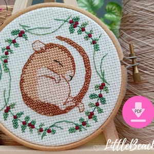 Little mouse cross stitch pattern, Sleepy mouse cross stitch, Mouse embroidery pattern, Sewing pattern, Christmas cross stitch pattern