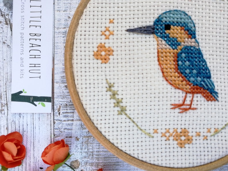 Little kingfisher cross stitch pattern, PDF pattern, instant download, bird gift, bird lovers present, small cross stitch, teal design, DIY image 3