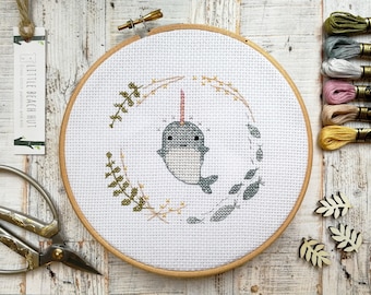 Narwhal cross stitch kit, embroidery pattern, narwall gifts, modern embroidery pattern, sewing patterns for women, cross stitch narwhal, DIY