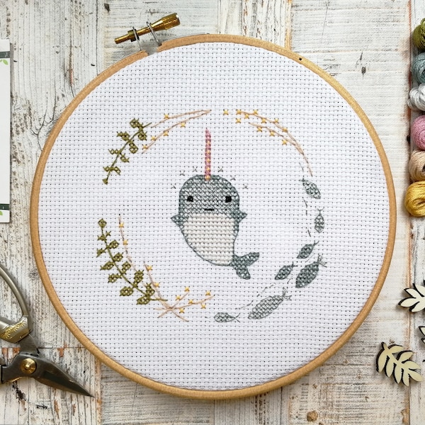 Narwhal cross stitch kit, embroidery pattern, narwall gifts, modern embroidery pattern, sewing patterns for women, cross stitch narwhal, DIY