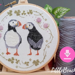 Puffins cross stitch pattern, embroidery puffins, bird cross stitch, puffins sewing pattern, cute cross stitch, modern embroidery pattern