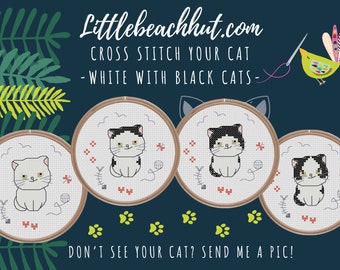 Cross stitch my cat, white and black cats, cross stitch kitten patterns, cat lovers gift, embroidered cat gift, custom cat gift, kawaii cat