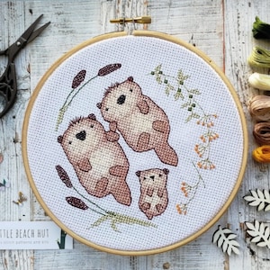 Cross stitch kit, Otters, Family, Cross stitch pattern, Modern embroidery, Family gift, Baby shower gifts, Embroidery pattern, Love gifts