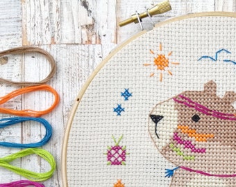 Capybara cross stitch pattern, PDF embroidery pattern, guinea pig cross stitch, rodent embroidery, modern cross stitch, capybara sewing