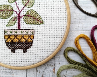 Pink plant cross stitch pattern, PDF pattern, instant download, plant gift, plant lovers present, small cross stitch, modern embroidery