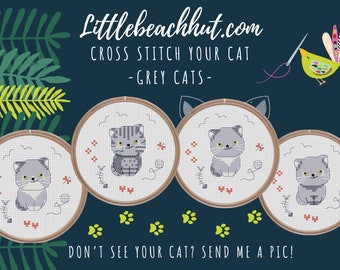 Cross stitch my cat, grey cats, cross stitch kitten patterns, cat lovers gift, embroidered cat gift, custom cat gift, kawaii cats, cute cats