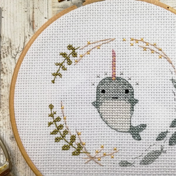 Narwhal cross stitch pattern, modern sewing pattern PDF, cute embroidery narwall, sewing patterns for women, cross stitch pattern beginner