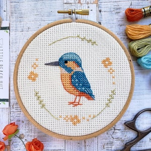 Cross stitch kit, Kingfisher, cross stitch patterns, bird embroidery kit, bird lovers gift, cross stitch pattern, teal gift, mini hoop