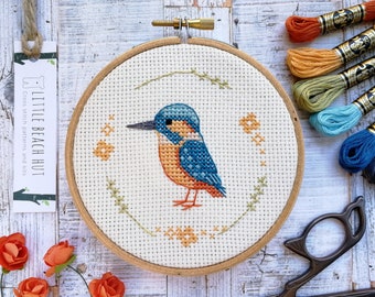 Cross stitch kit, Kingfisher, cross stitch patterns, bird embroidery kit, bird lovers gift, cross stitch pattern, teal gift, mini hoop