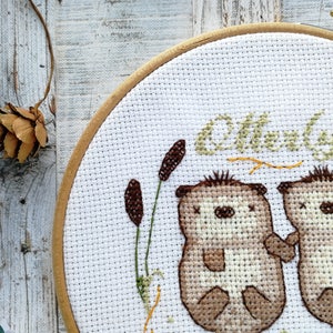 Otters cross stitch pattern, needlework pattern, otters holding hands, otters cross stitch, wedding gifts, cute cross stitch, easy pattern image 1