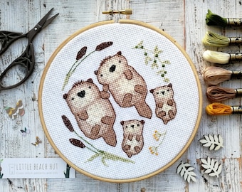 Otter family cross stitch kit, animal embroidery pattern, family tree gifts, cross stitch pattern modern, sea otter gifts, otterly in love