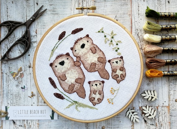 Cross Stitch : Otter family cross stitch kit, animal embroidery pattern ...