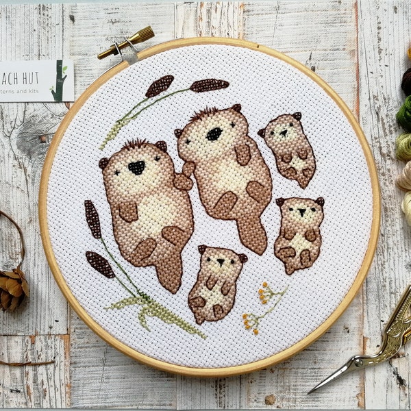 Cross stitch kit, Cross stitch pattern, Otters, Triplet gifts, Otter family, Embroidery kits, Embroidery patterns, Triplet baby shower