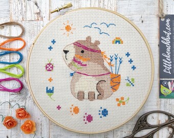 Cross stitch kit capybara, Capybara embroidery kit, Guinea pig cross stitch, Capybara cross stitch pattern, modern cross stitch, cute animal