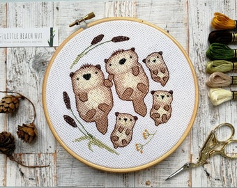 Otter cross stitch kit, Cross stitch patter, Embroidery kits, Embroidery patterns, Otter family gifts, Baby shower gifts, Triplet gifts