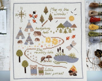 Cross stitch kit, Cross stitch pattern, hedgehogs, bears, childrens or babys gift, embroidery kit, Modern cross stitch, teepee tent, DIY